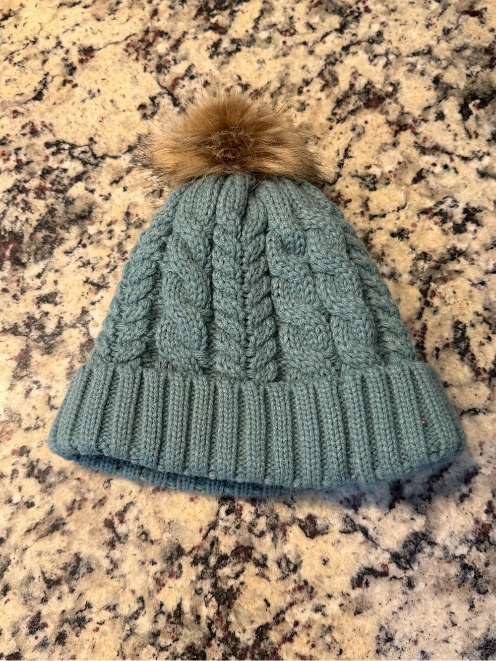 Timberland Turquoise Knit Pom Beanie with Faux Fur Pom - Picture 3 of 3